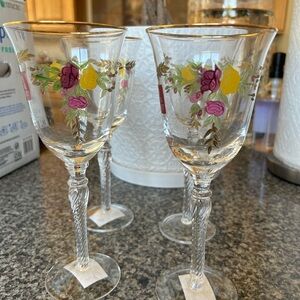 Royal Albert Old Country Roses (4) Hand Painted Stemmed Crystal Wine Glasses